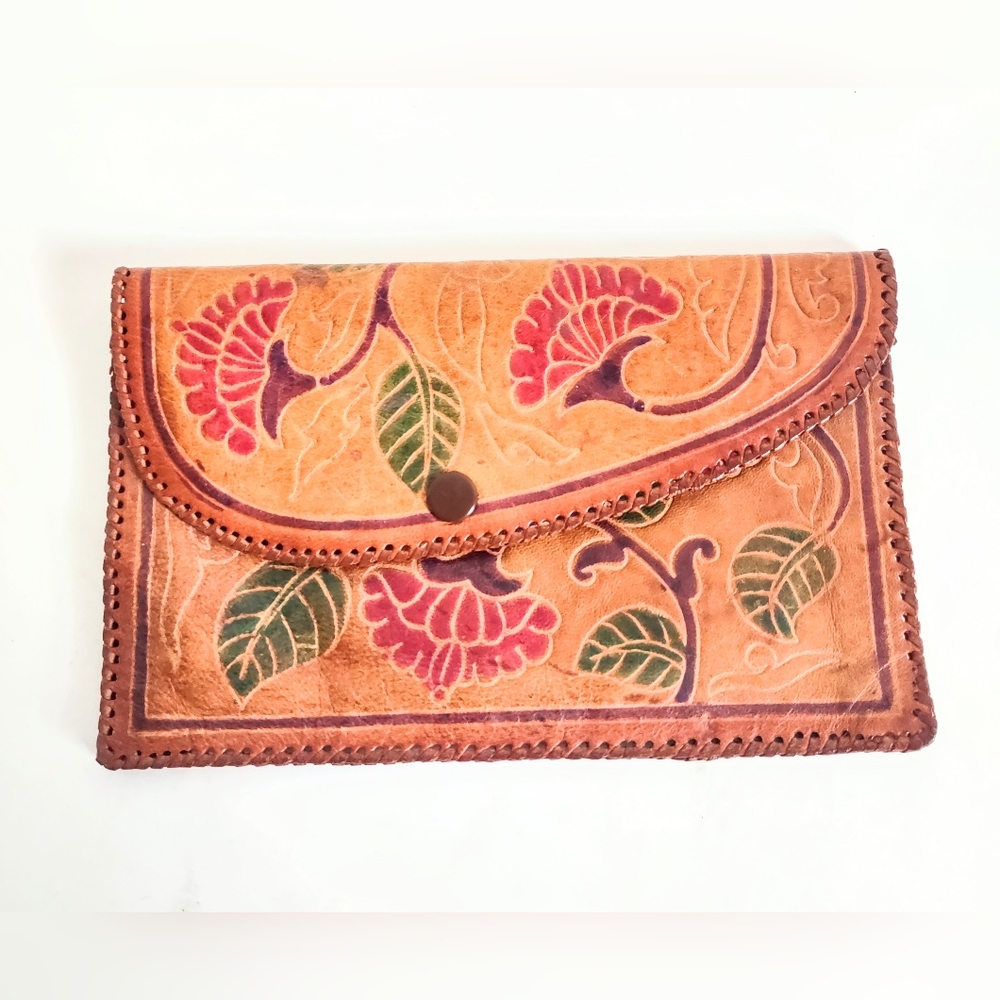 Leather Floral Colorful Design Clutch Handbag 8" x 5" Wallet and Coin Purse EUC